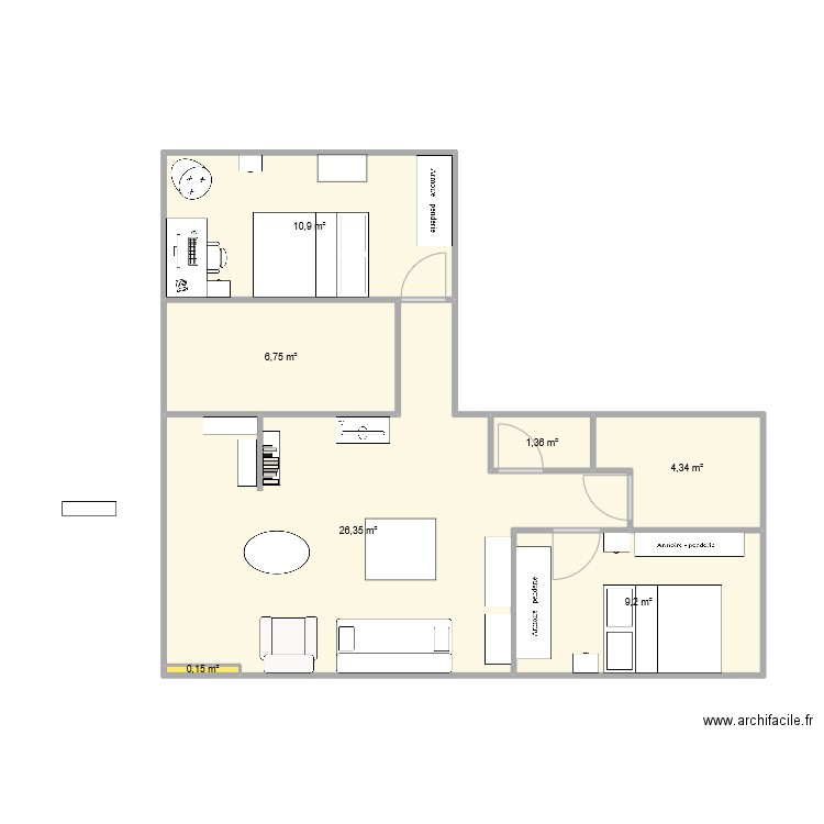 appt 2 ch. Plan de 7 pièces et 59 m2