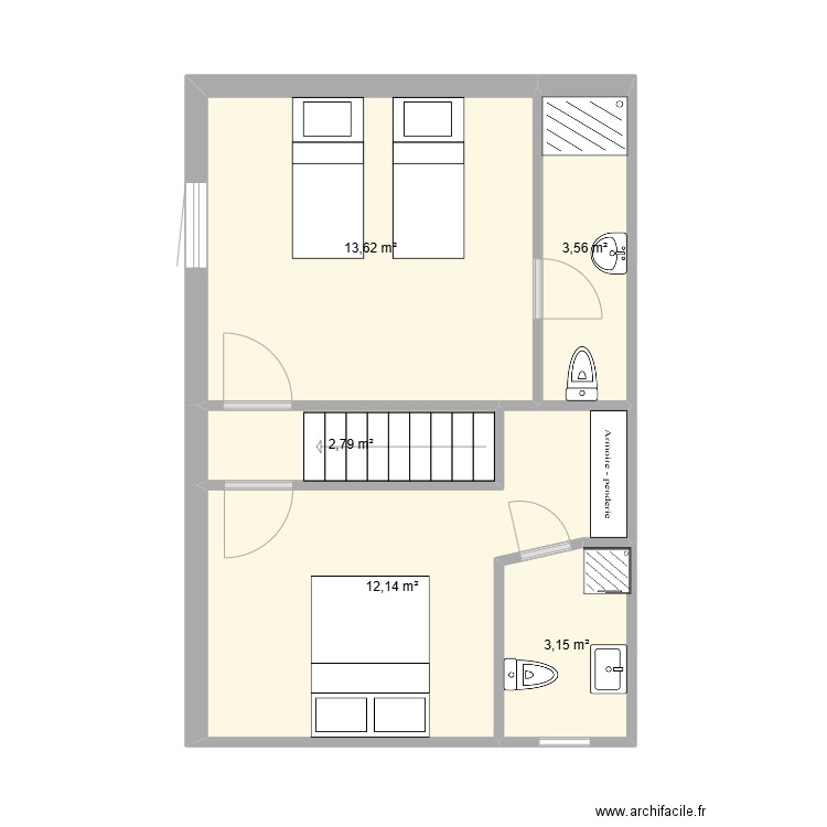 Etage 3 chambres. Plan de 5 pièces et 35 m2