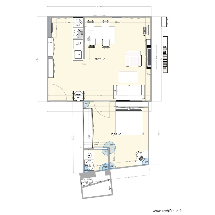 castelmoron-essai-03. Plan de 2 pièces et 45 m2