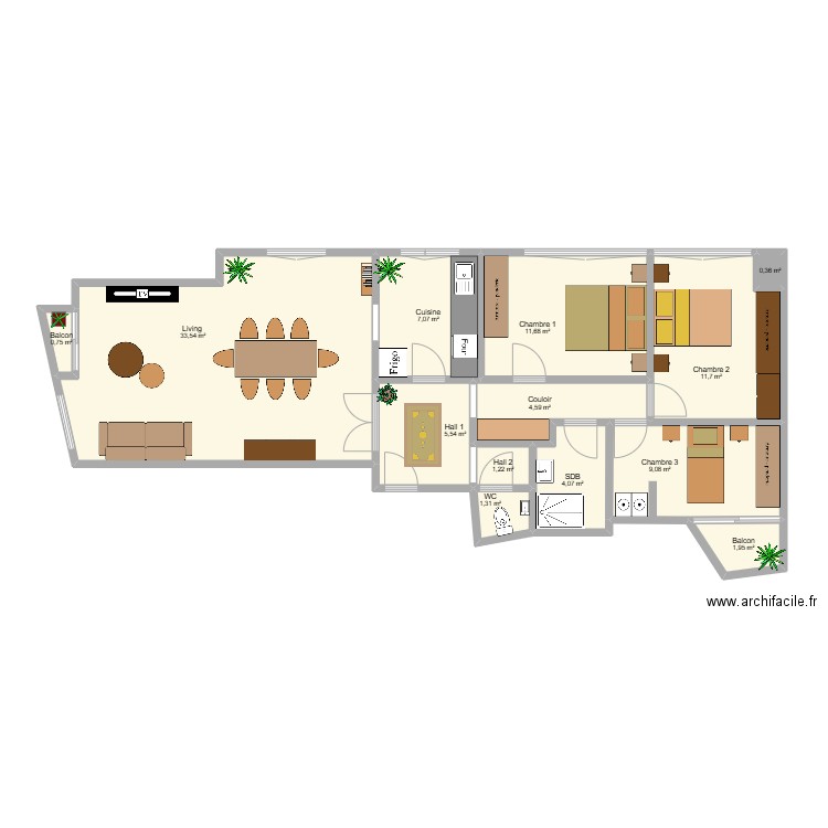 Quai de Gaule meublé. Plan de 13 pièces et 93 m2