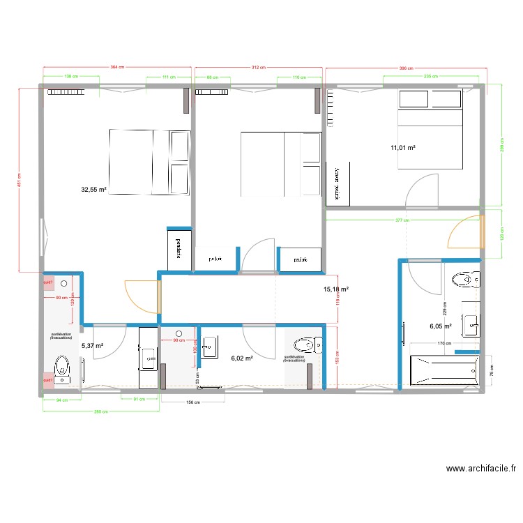 CHAMBRES GAUCHE. Plan de 6 pièces et 76 m2