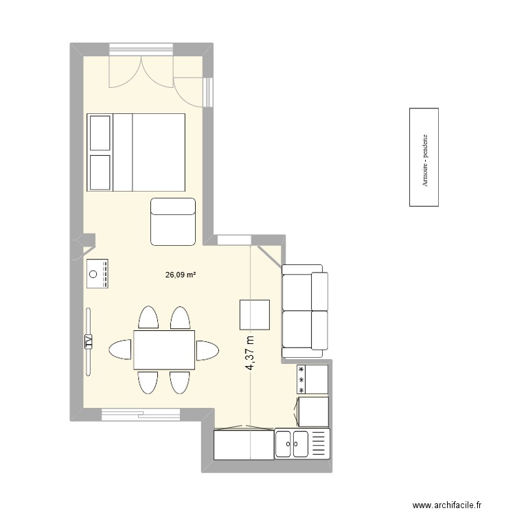 Garluche cuisine chambre. Plan de 1 pièce et 26 m2