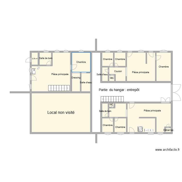 hangar. Plan de 21 pièces et 100 m2