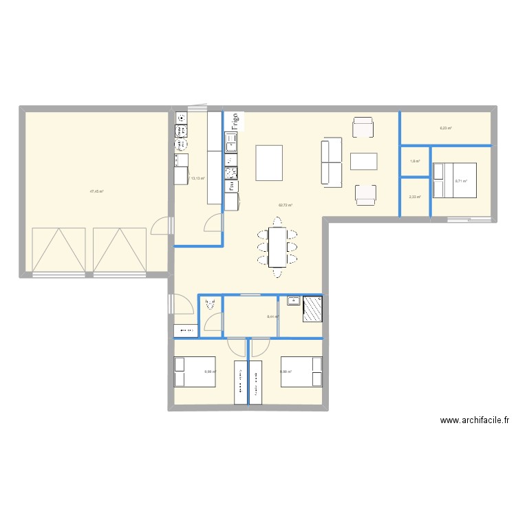 esquisse L. Plan de 10 pièces et 171 m2