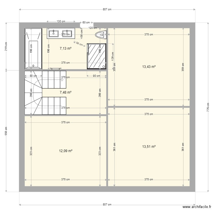 1er_etage_1. Plan de 5 pièces et 54 m2