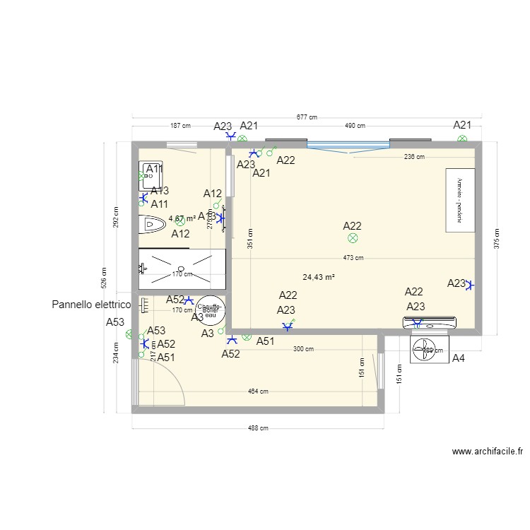 Chalet Lacona 11-2023 électricité. Plan de 2 pièces et 29 m2