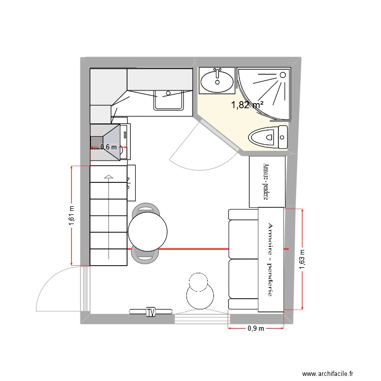 rennes V4. Plan de 1 pièce et 2 m2