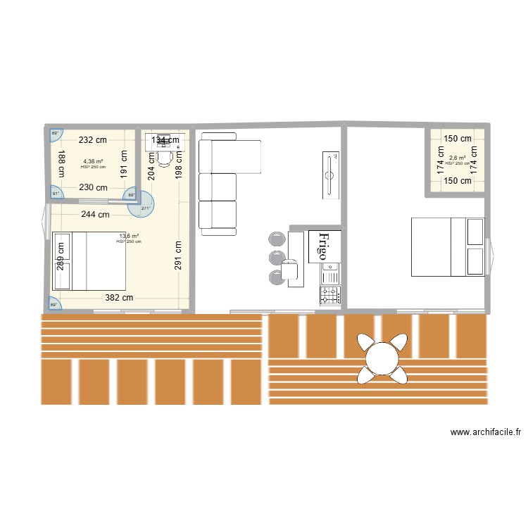 bungalow mgte. Plan de 3 pièces et 21 m2