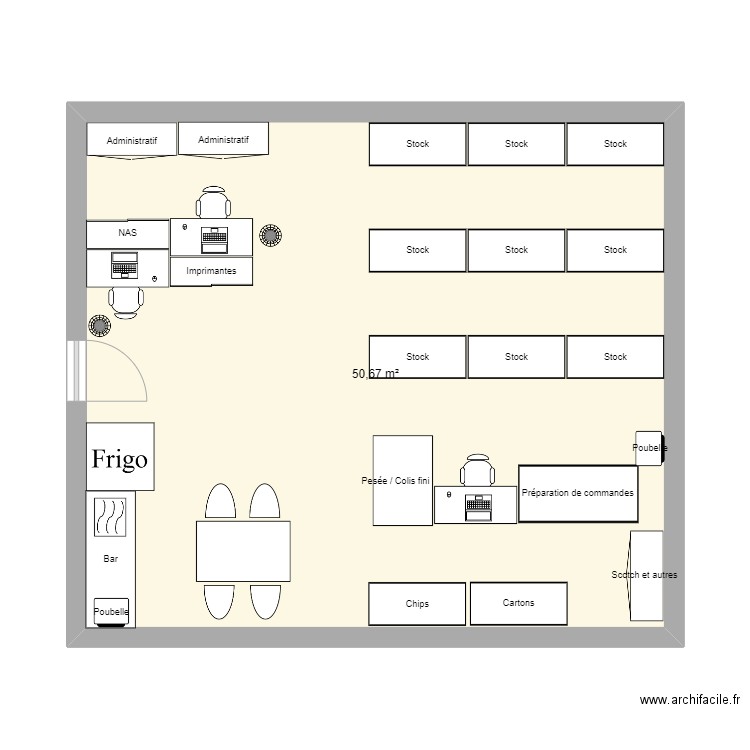 Bureaux. Plan de 1 pièce et 51 m2