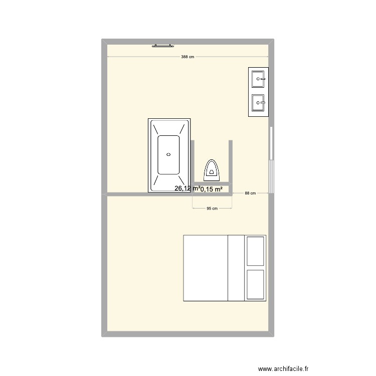 salle de bain Borges. Plan de 2 pièces et 26 m2