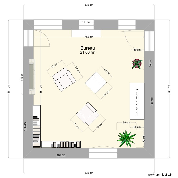 bureau ETG1. Plan de 1 pièce et 22 m2