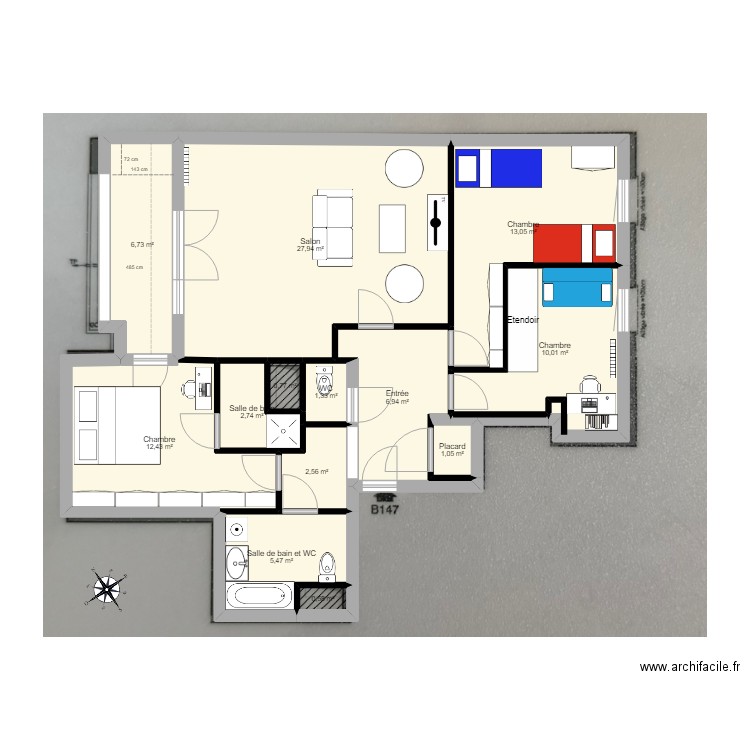 B147-Aqua-Verde. Plan de 14 pièces et 92 m2