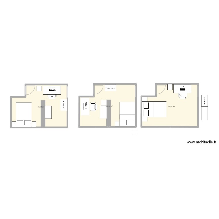 Chambre. Plan de 3 pièces et 51 m2