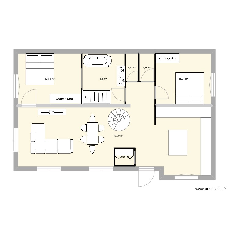 ronron. Plan de 7 pièces et 87 m2