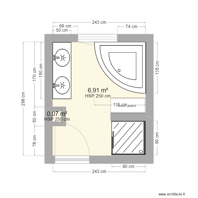 Salle de bain - projet Vincent N°2. Plan de 2 pièces et 7 m2