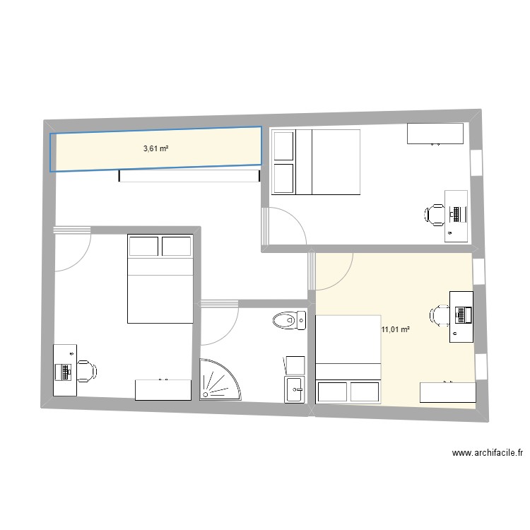 ETAGE. Plan de 2 pièces et 15 m2