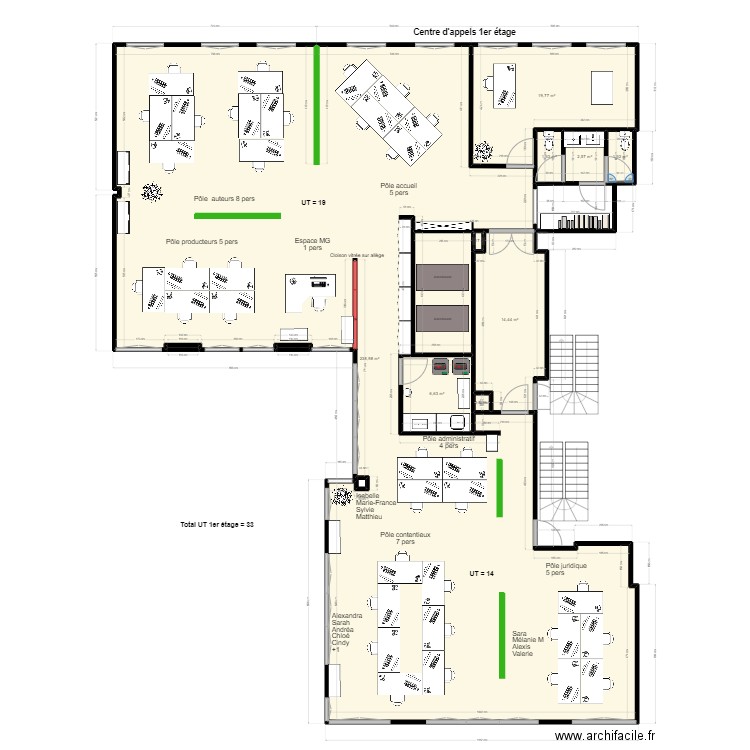 Plan 1er étage centre d'appels-08.2024-14. Plan de 11 pièces et 286 m2