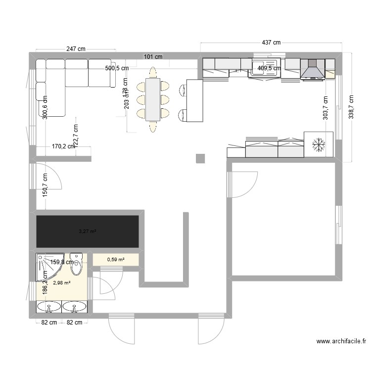 Cuisine. Plan de 3 pièces et 7 m2