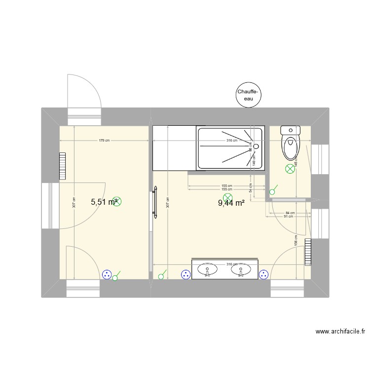 Salle d'eau . Plan de 2 pièces et 15 m2