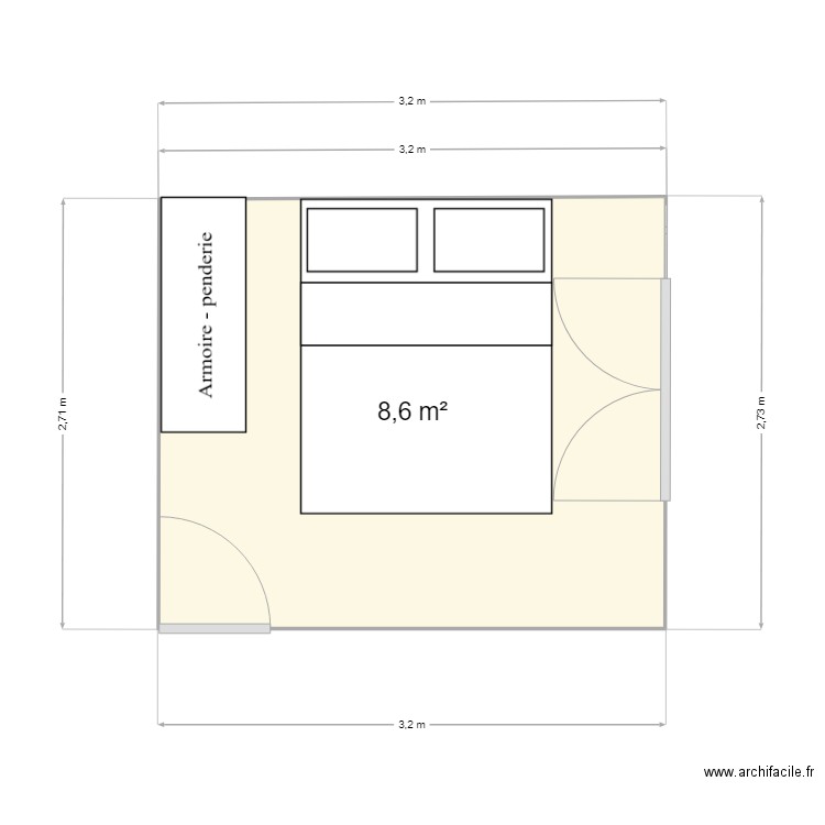 chambre. Plan de 1 pièce et 9 m2