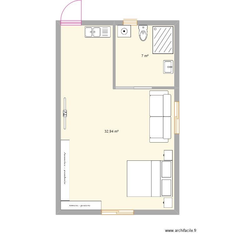 studio comble. Plan de 2 pièces et 40 m2