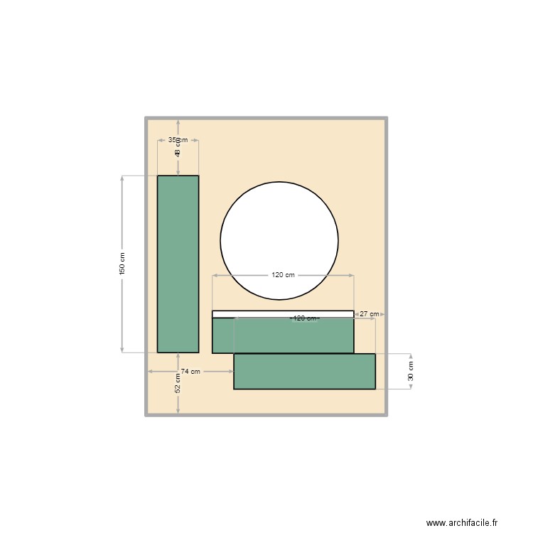 Plan meubles salle de bain meuble 150 cm à gauche. Plan de 1 pièce et 5 m2