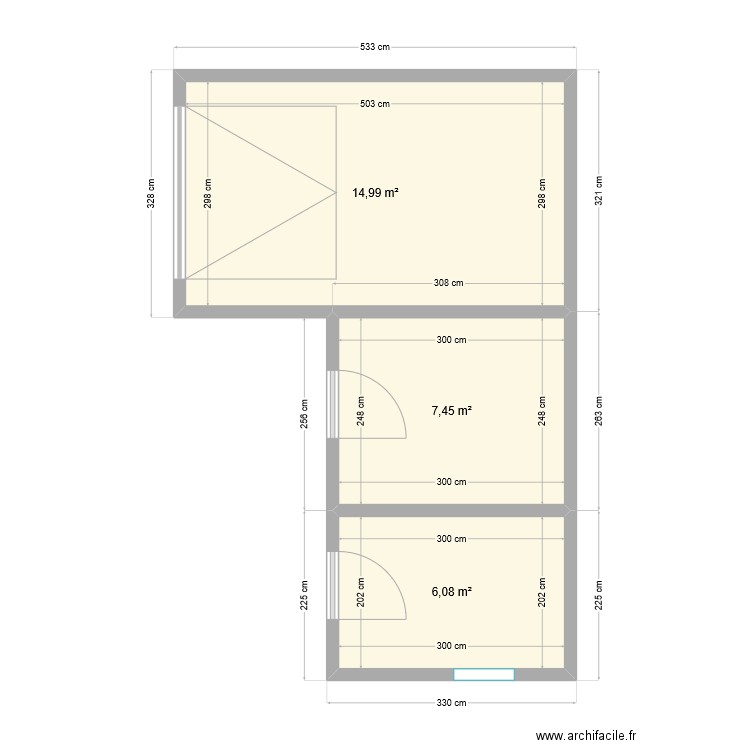 des. Plan de 3 pièces et 29 m2