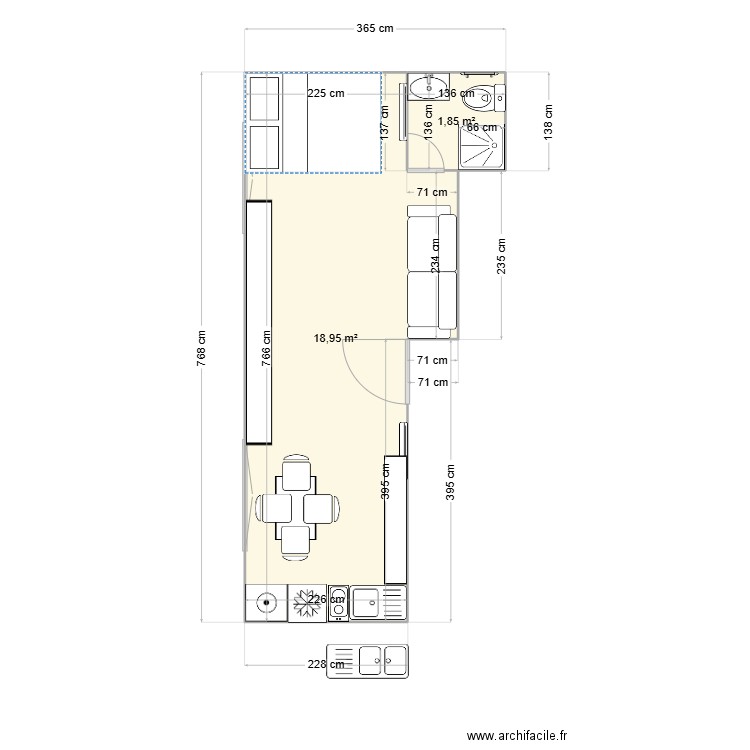 Appart Bezon. Plan de 2 pièces et 21 m2