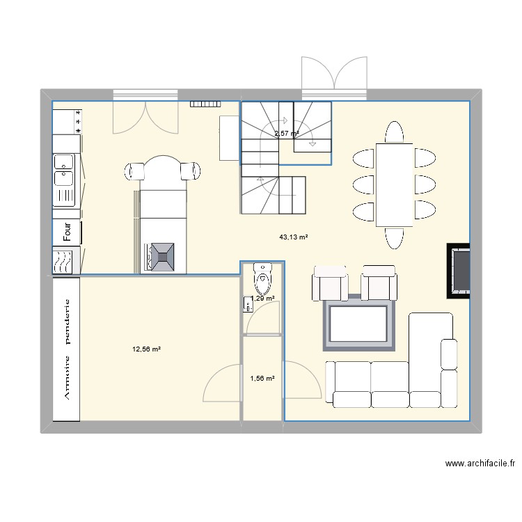 PLan V1 cuisine fermée. Plan de 5 pièces et 61 m2