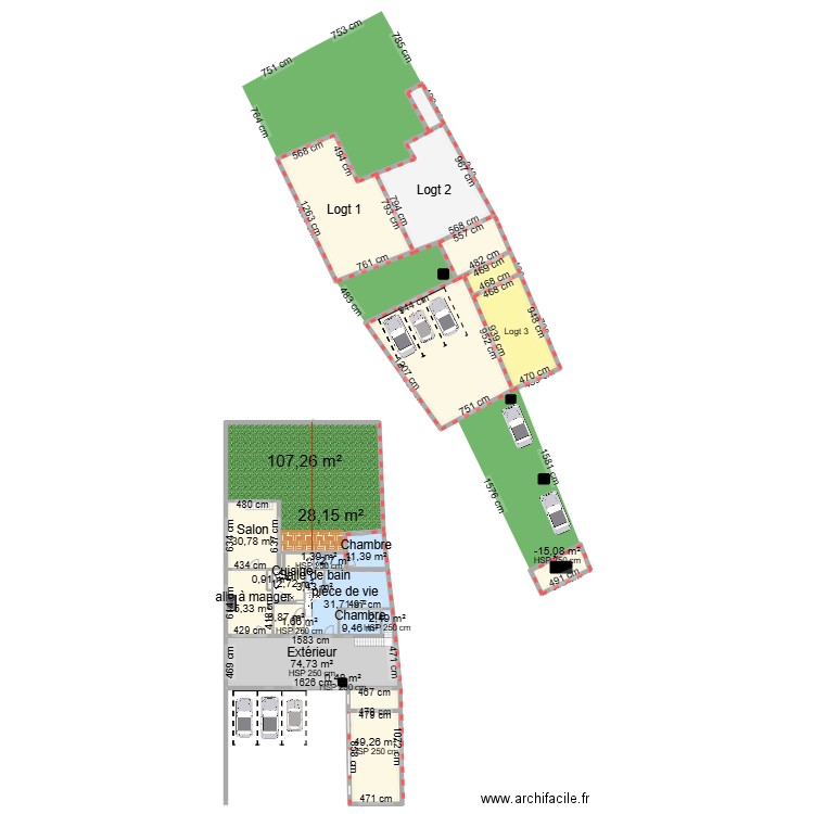 Plan Bresles cotation et aménagement option 1 :F4bis/F3/F2. Plan de 43 pièces et 779 m2