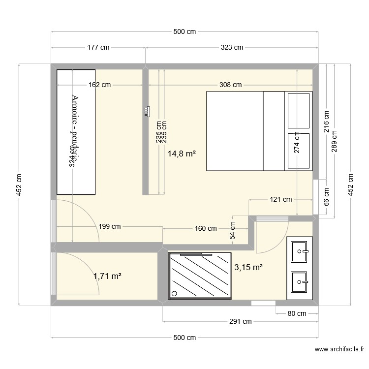 Option 3 salle de bain FOND. Plan de 3 pièces et 20 m2