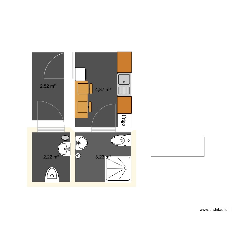 sdb et cuisine cabinet. Plan de 4 pièces et 13 m2