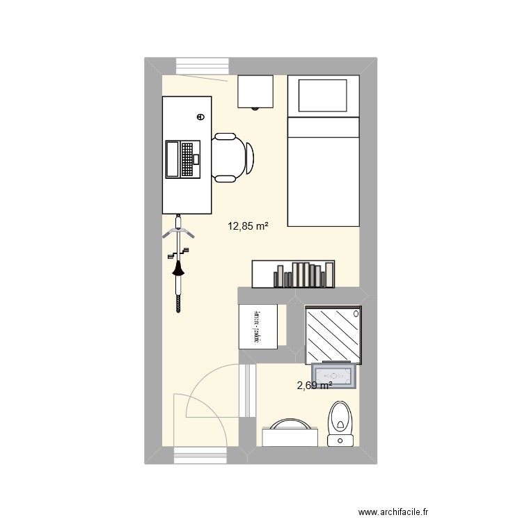 chambre étudiant. Plan de 2 pièces et 16 m2