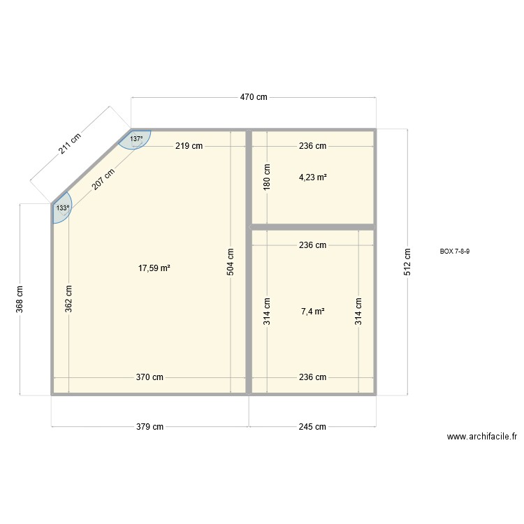 BOX 7-8-9. Plan de 3 pièces et 29 m2