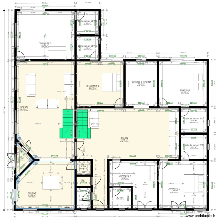  FACADE B. Plan de 18 pièces et 286 m2