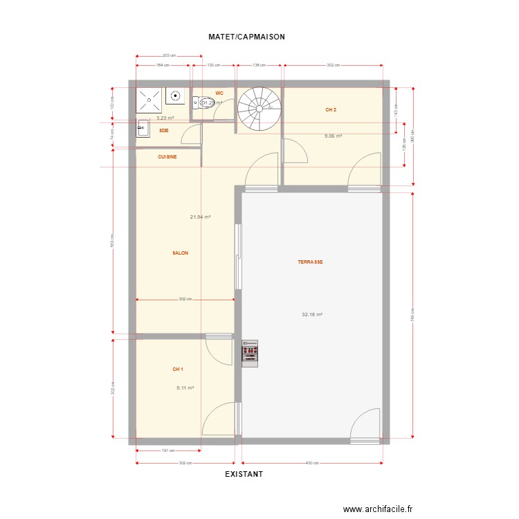 MATET carrelage (cotations). Plan de 6 pièces et 77 m2