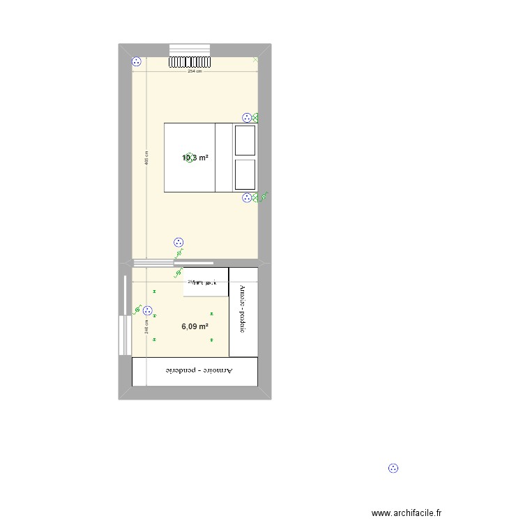 chambre finie. Plan de 2 pièces et 16 m2