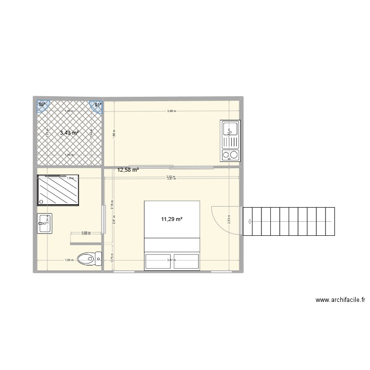 Bungalow voyageur. Plan de 3 pièces et 27 m2