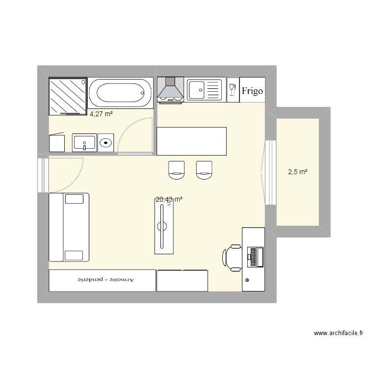 appart. Plan de 3 pièces et 27 m2