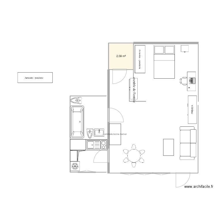 maman. Plan de 1 pièce et 2 m2