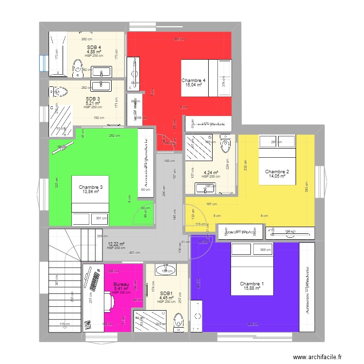 plan etage en couleur. Plan de 10 pièces et 95 m2