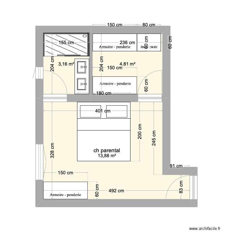 ch parentale. Plan de 3 pièces et 22 m2