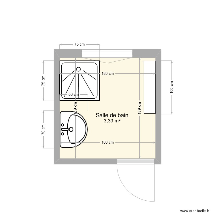 SIRE Salle d'eau existant. Plan de 1 pièce et 3 m2