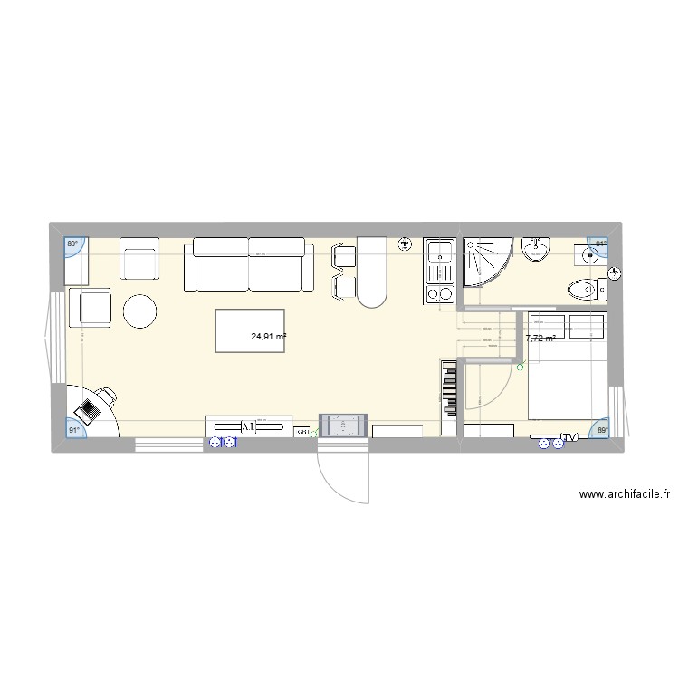 Hangar RDC. Plan de 2 pièces et 33 m2