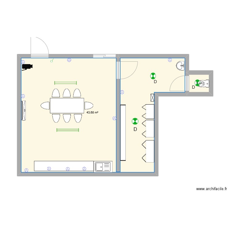 REFECTOIRE. Plan de 2 pièces et 45 m2