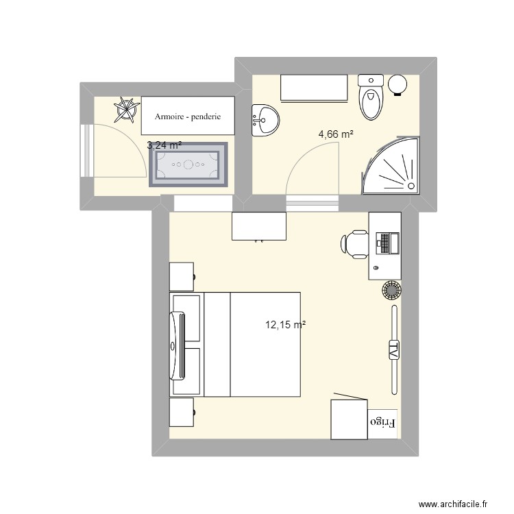 chambres CLASSIQUES . Plan de 3 pièces et 20 m2