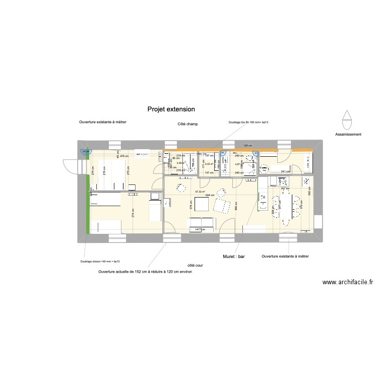 extension. Etat vierge. Bis. Plan de 4 pièces et 91 m2