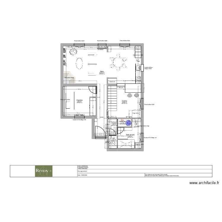 Plan agencement RDC. Plan de 8 pièces et 65 m2