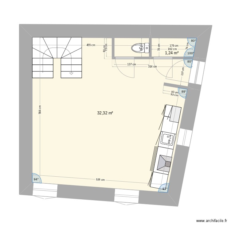 rdc projet. Plan de 2 pièces et 34 m2