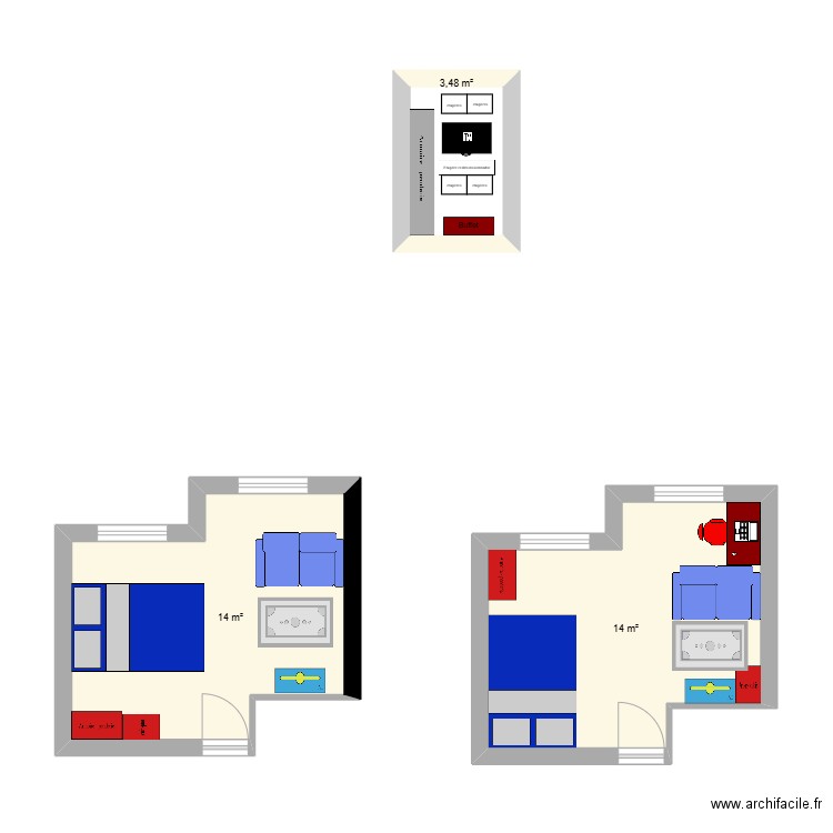 plan Chambre lit contre mur Droit. Plan de 3 pièces et 31 m2